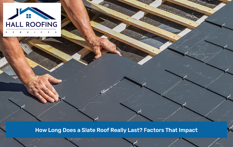 Slate roof installation process with workers carefully placing slate tiles.