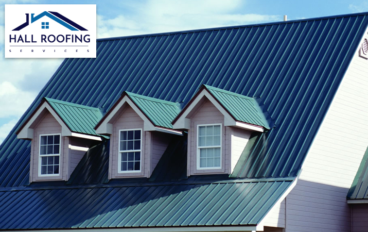 Close-up of corrugated steel roof on residential house.